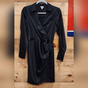 a new day Black Satin Wrap Shirt Dress - Long Sleeve